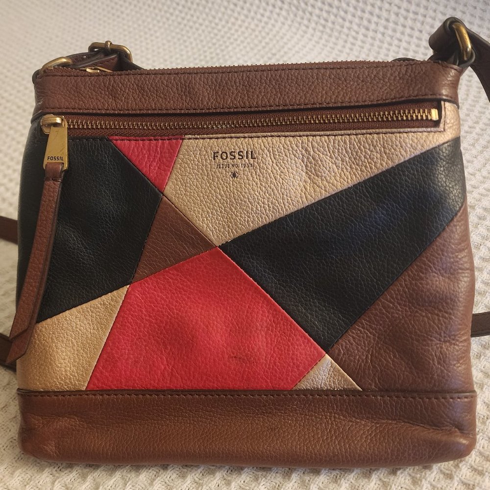 Fossil Fiona Crossbody Brown Black Red Gold Colorblock Leather Crossbody